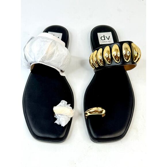 DV Dolce Vita Moon Embellished Gold Toe Ring Flat Sandals Size 9 Black NWT - Picture 1 of 7